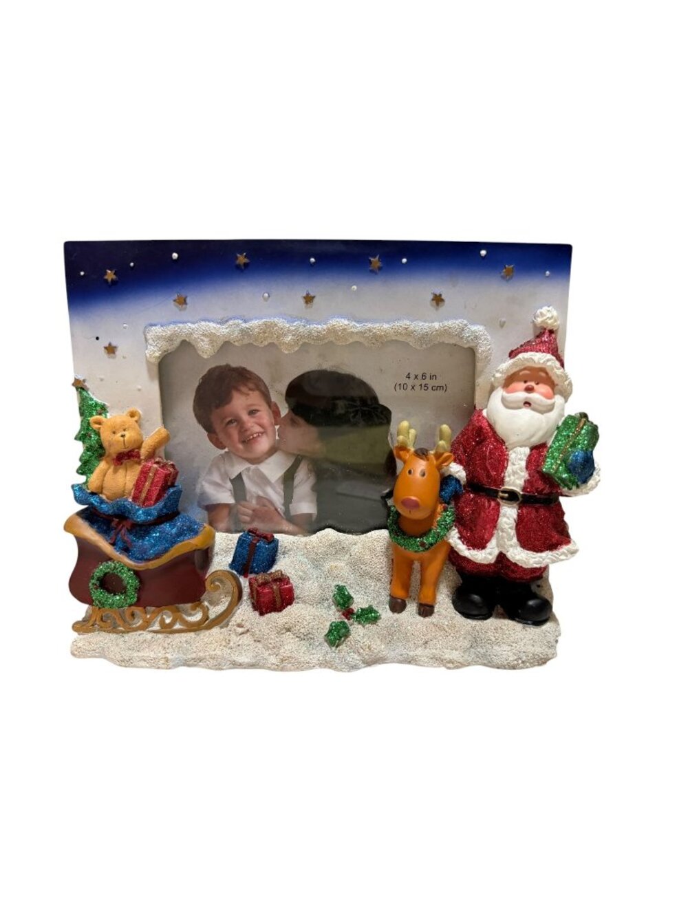 Christmas Themed 4x6 Photo Frame Santa Reindeer Sleigh Presents Glitter Resin